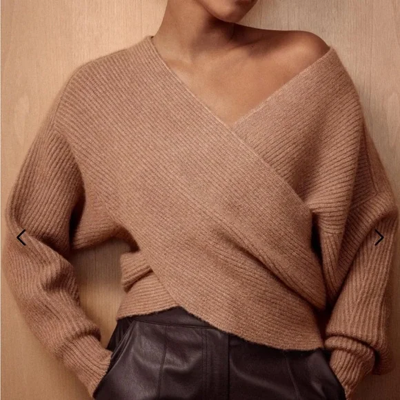 Brochu Walker Camel Ribbed Crossover Knit Wool Blend Sweater Top